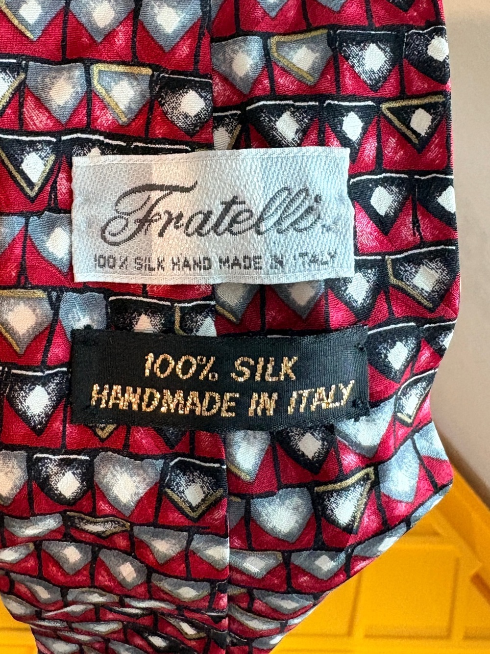 Fratelli 100% Silk Tie in Red and Gray Geometric Print handmade in Italy